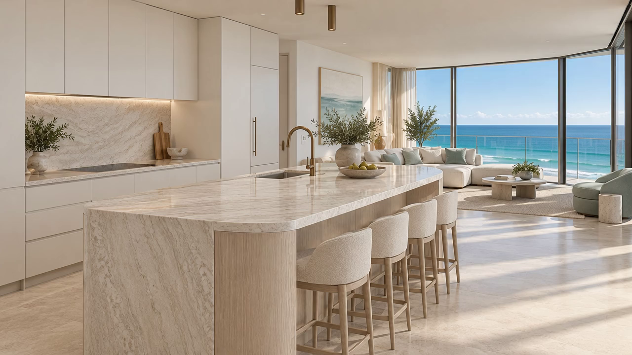 Pale oak and stone kitchen joinery overlooking the Gold Coast ocean