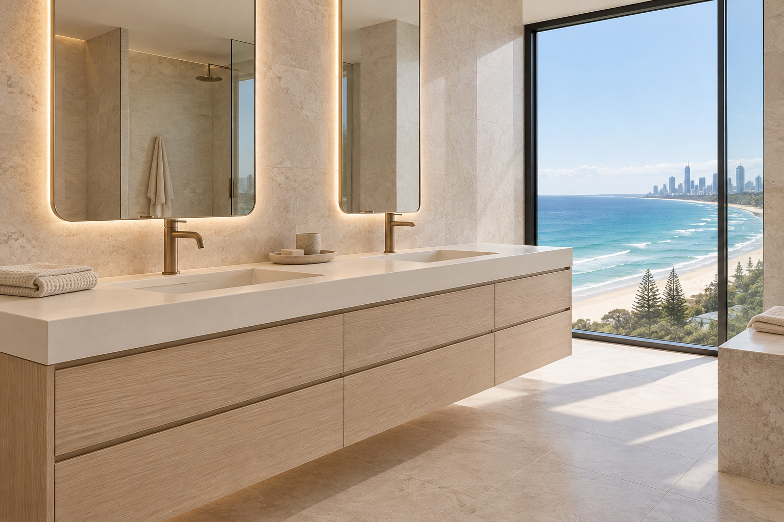 Floating oak double vanity with ivory basins and bronze taps beside a Gold Coast sea-view window