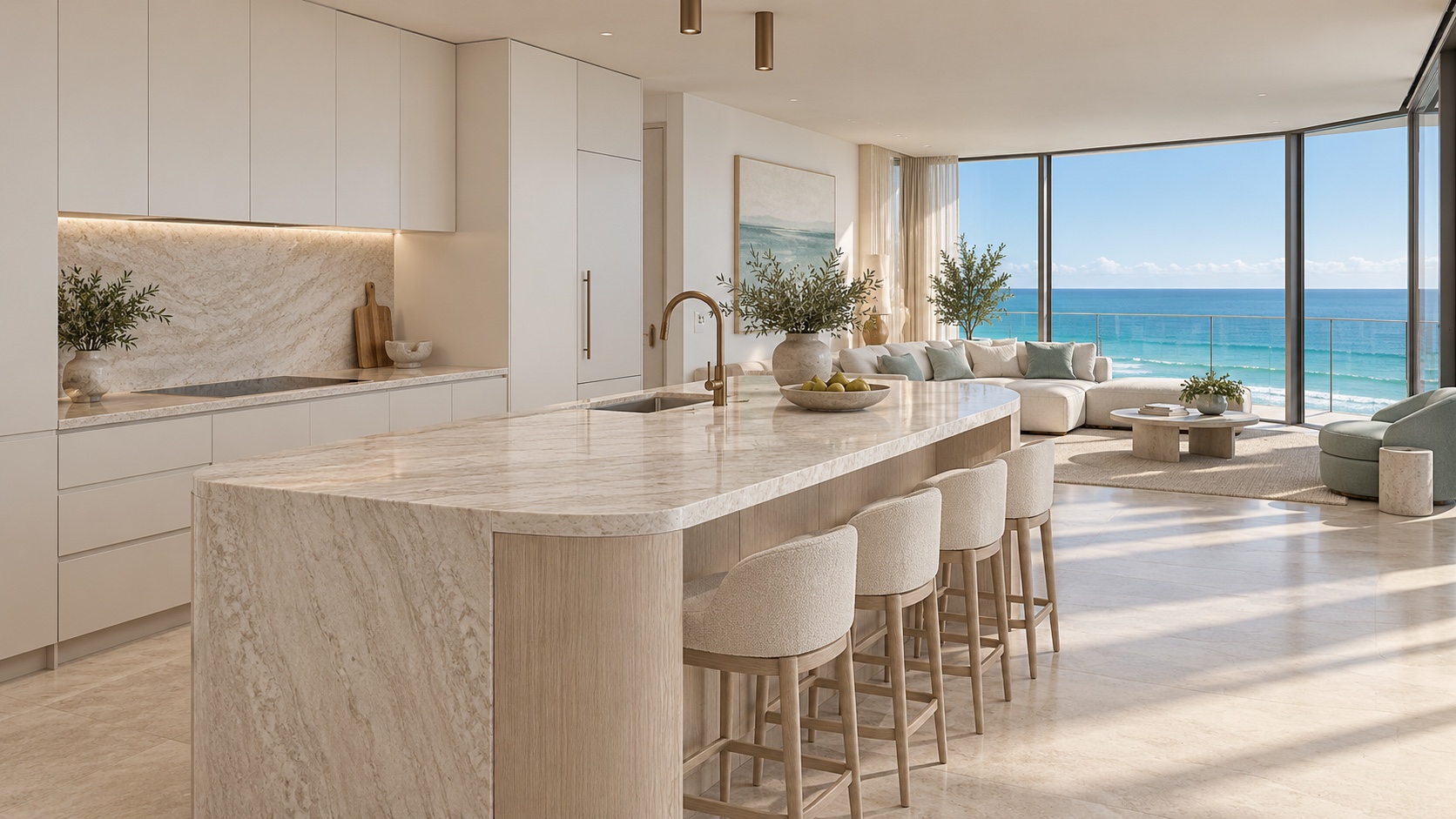 Pale stone kitchen island with oak joinery and an ocean outlook