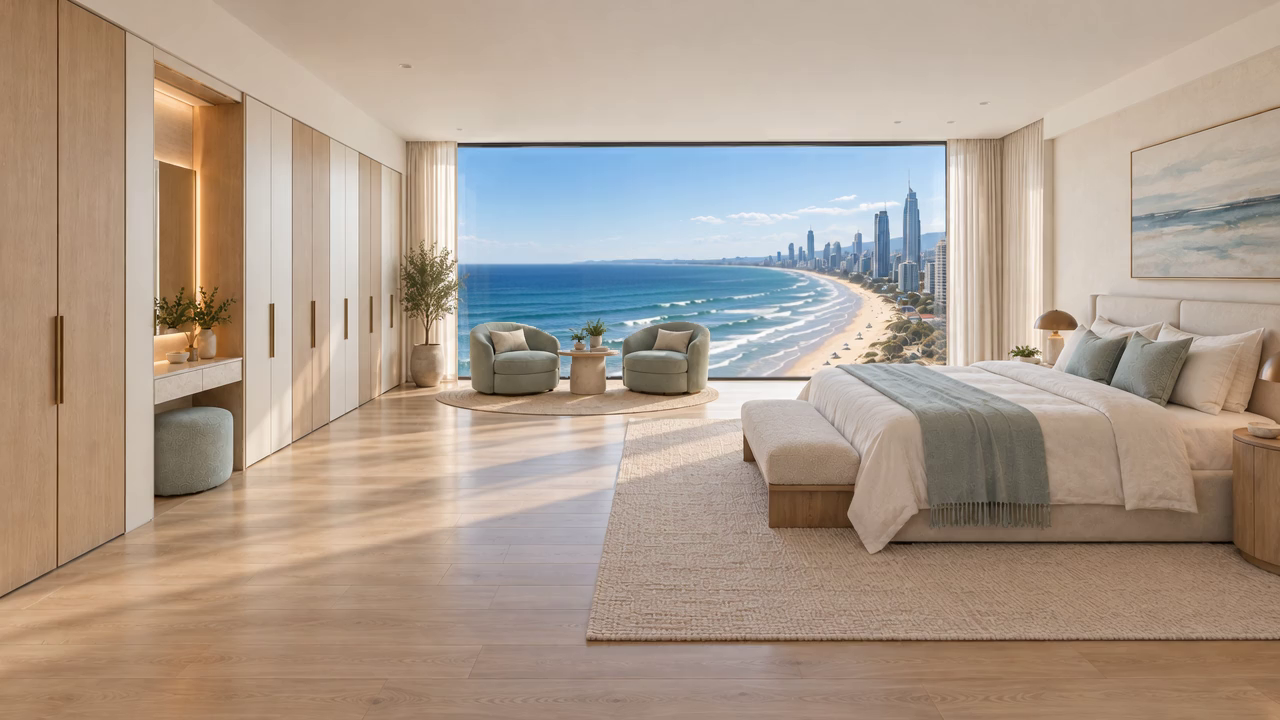 Spacious coastal bedroom with oak and ivory wardrobes and a framed panoramic ocean outlook