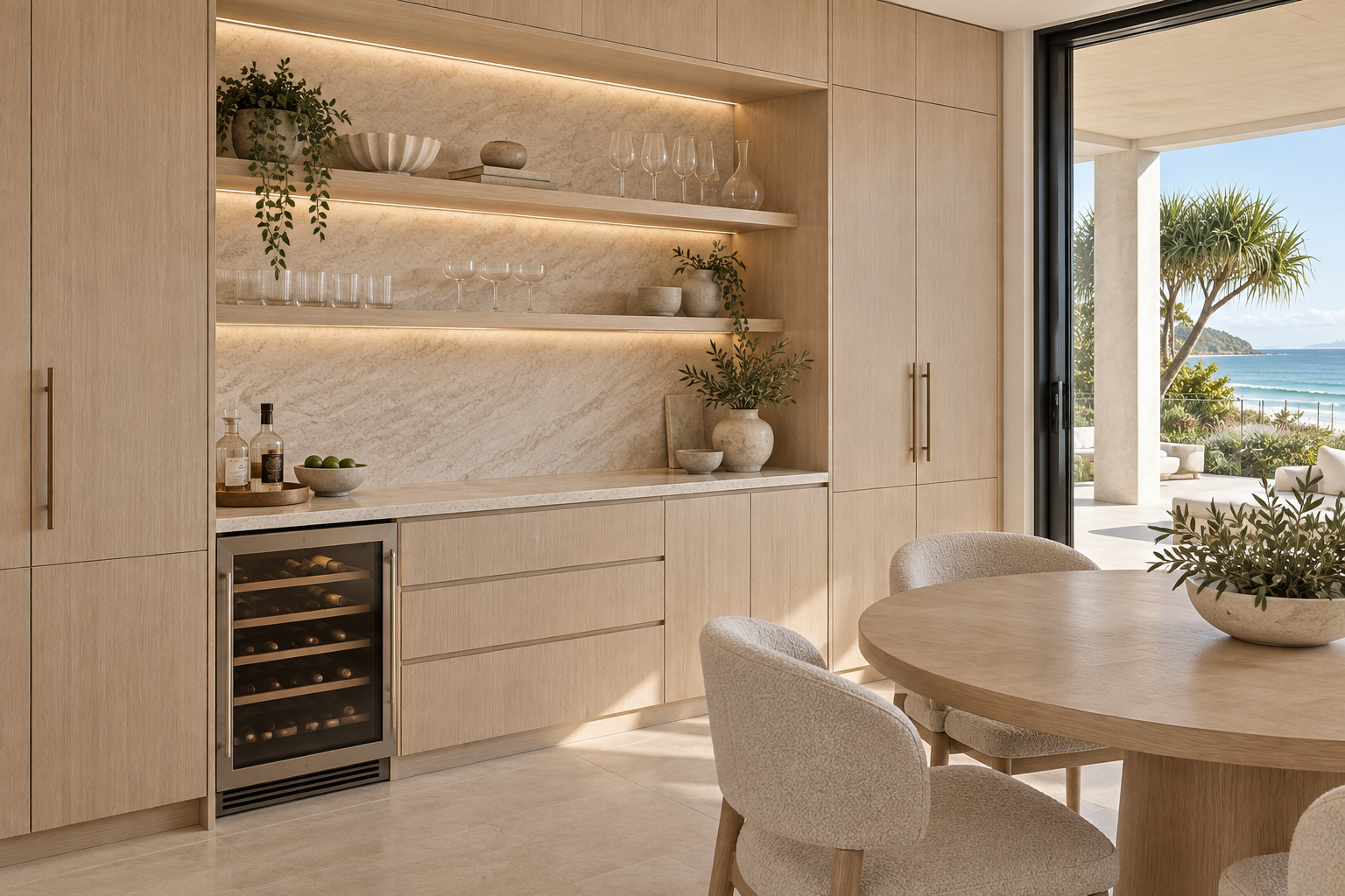 Coastal villa oak dining storage with a stone niche, display shelving and integrated wine fridge