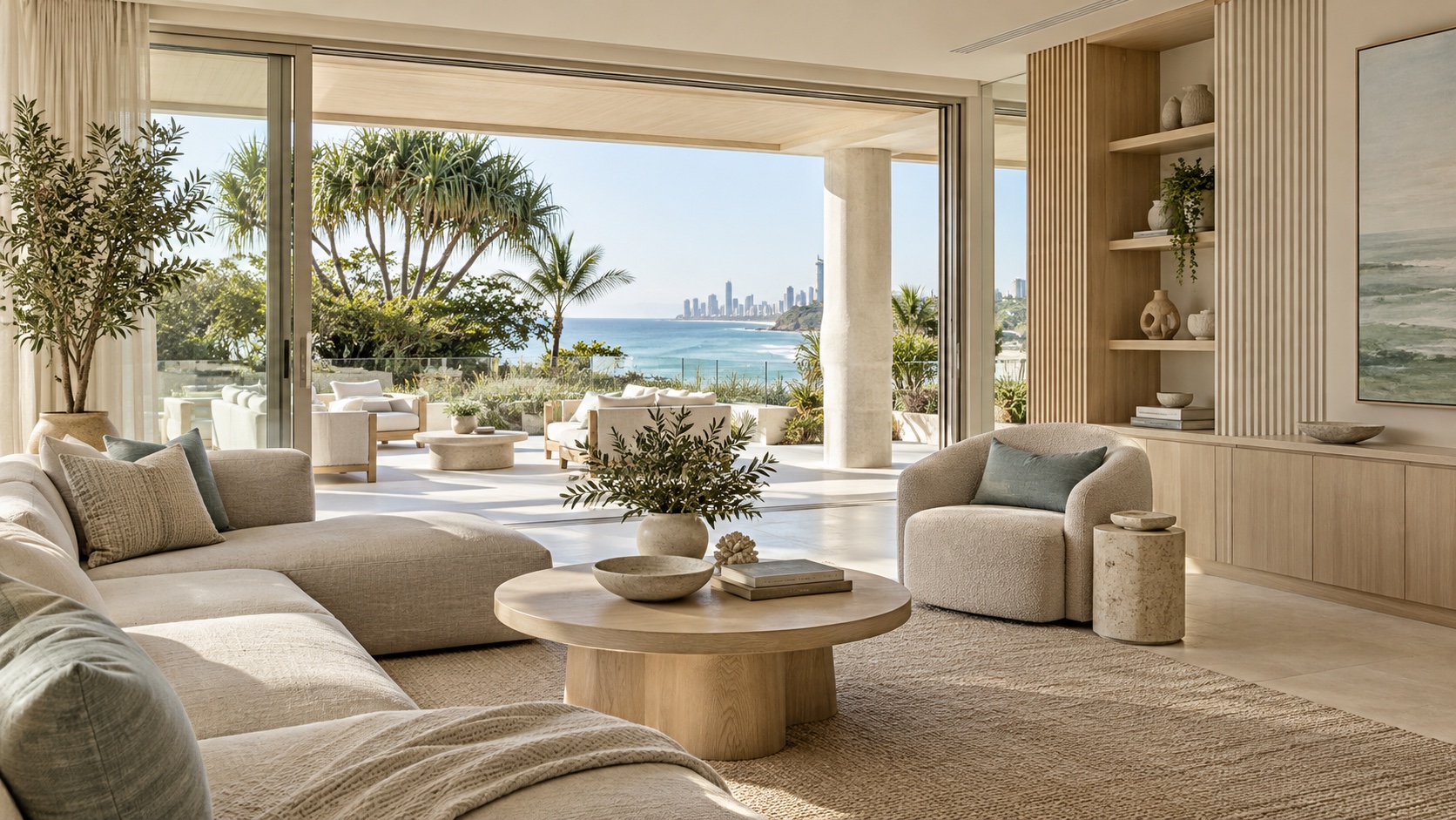 Pale oak living cabinetry opening to a coastal villa terrace